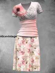 Women’s Vintage Floral Art Print V-Neck Midi Dress