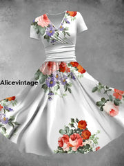 Women’s Vintage Floral Art Print V-Neck Midi Dress