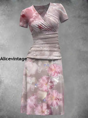 Women’s Vintage Floral Art Print V-Neck Midi Dress