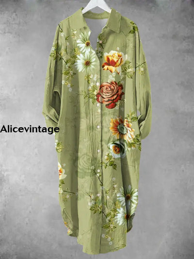 Women’s Vintage Floral Print Shirt Midi Dress