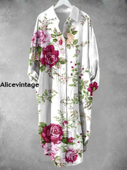 Women’s Vintage Floral Print Shirt Midi Dress