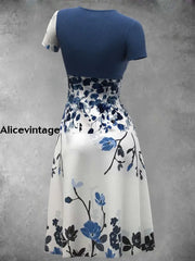 Women’s Vintage Floral Print Short Sleeve V Neck Midi Dress