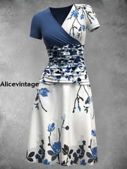 Women’s Vintage Floral Print Short Sleeve V Neck Midi Dress Color / S