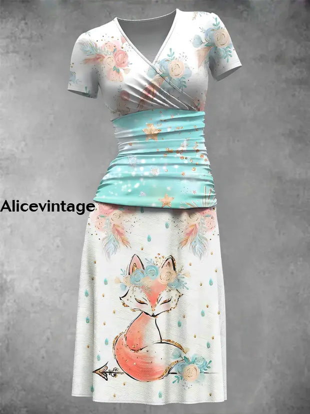 Women’s Vintage Fox Art Print V-Neck Midi Dress