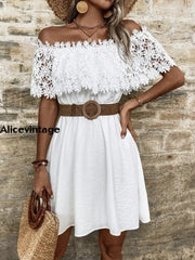 Women’s Vintage Lace Boat Neck Mini Dress White / S