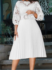 Women’s Vintage Lace Crochet Hollow Pleated Patchwork Dress White / S