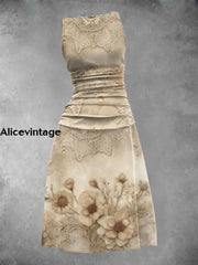 Women’s Vintage Lace Floral Art Print Sleeveless Casual Dress