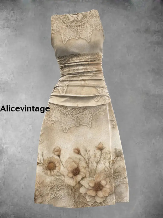 Women’s Vintage Lace Floral Art Print Sleeveless Casual Dress