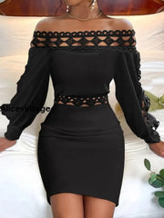 Women’s Vintage Lace Long Sleeve Hip Mini Dress Black / S