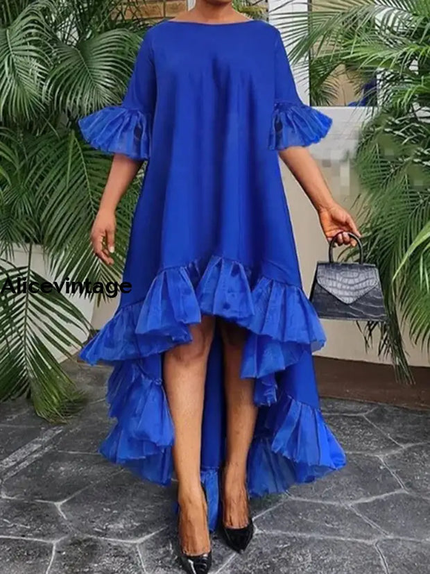 Women’s Vintage Lace Patchwork Irregular Hem Midi Dress Blue / S