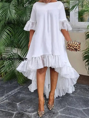 Women’s Vintage Lace Patchwork Irregular Hem Midi Dress White / S