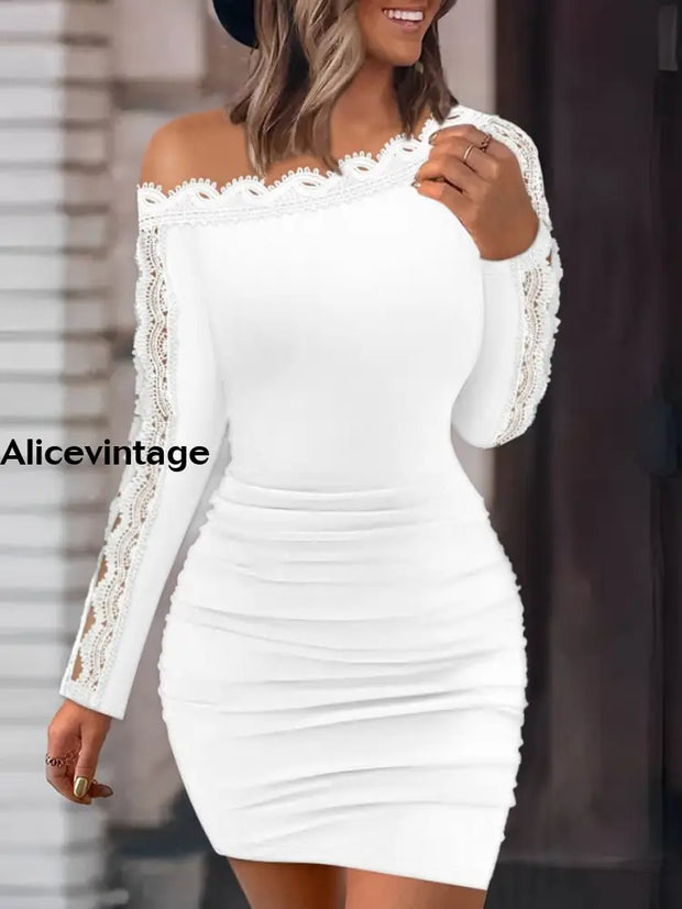 Women’s Vintage Lace Spliced Boat Neck Long Sleeve Mini Dress White / S