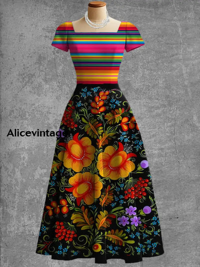 Women’s Vintage Mexican flowers Art Print V Neck Elegant Midi Dress A / S