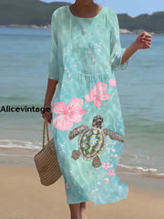 Women’s Vintage Ocean Turtle Art Print Crew Neck Maxi Dress