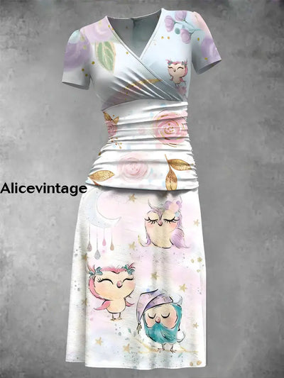 Women’s Vintage Owl Art Print V-Neck Midi Dress