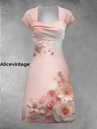 Women’s Vintage Pink Floral Art Print V-Neck Midi Dress