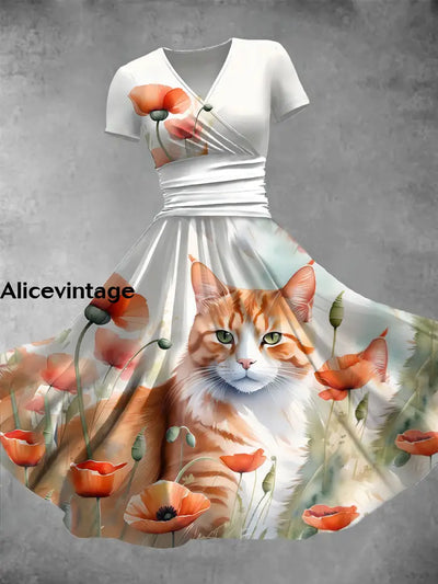 Women’s Vintage Poppy And Cat Art Print V-Neck Maxi Dress