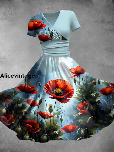 Women’s Vintage Poppy Art Print V Neck Maxi Dress