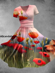 Women’s Vintage Poppy Art Print V Neck Maxi Dress