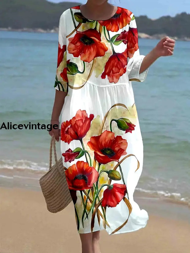 Women’s Vintage Poppy Art Print V Neck Maxi Dress