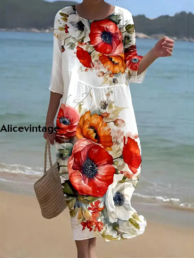 Women’s Vintage Poppy Art Print V Neck Maxi Dress