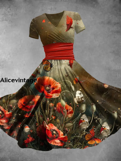 Women’s Vintage Poppy Butterfly Art Print Short Sleeve Casual Dress