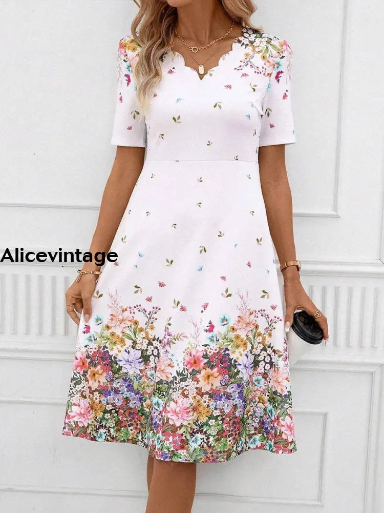 Women’s Vintage Printed V-Neck Casual Loose Midi Dress Colorful / S