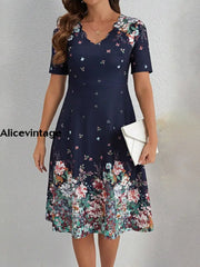 Women’s Vintage Printed V-Neck Casual Loose Midi Dress Navy Blue / S