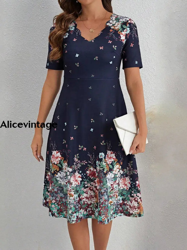 Women’s Vintage Printed V-Neck Casual Loose Midi Dress Navy Blue / S