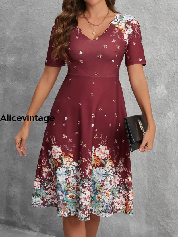 Women’s Vintage Printed V-Neck Casual Loose Midi Dress Wine Red / S