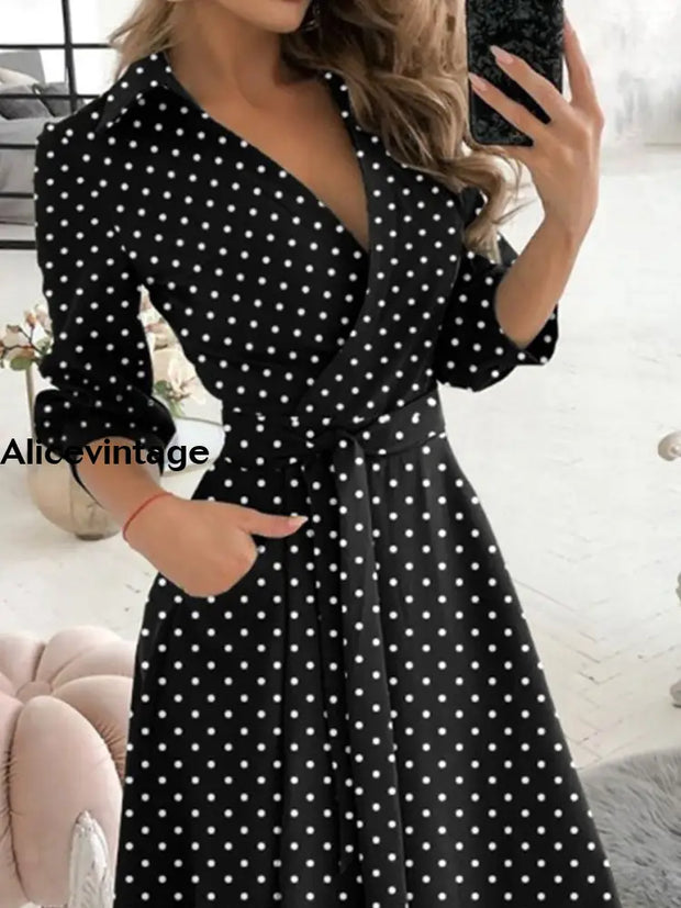 Women’s Vintage Printed V-Neck Long Sleeve Midi Dress