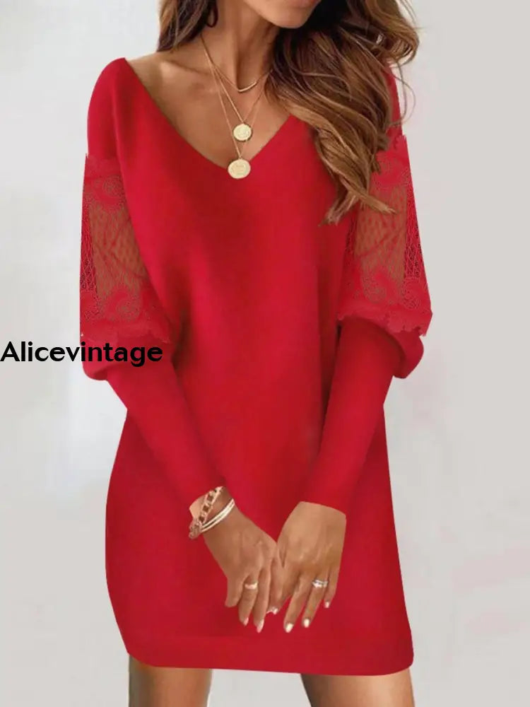 Women’s Vintage Solid Color Lace Mini Dress Red / S