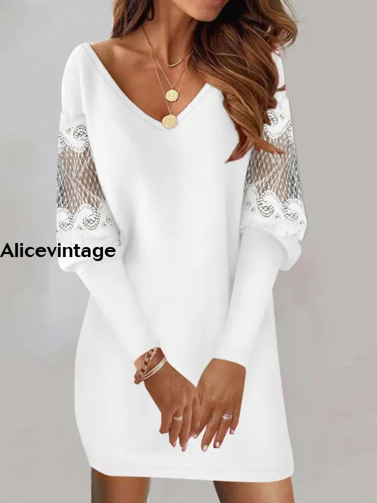Women’s Vintage Solid Color Lace Mini Dress White / S