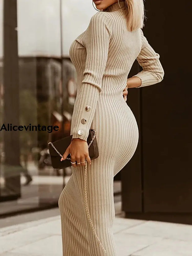 Women’s Vintage Turtleneck Metal Button Ribbed Sweater Mini Dress