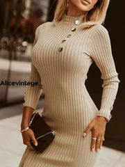 Women’s Vintage Turtleneck Metal Button Ribbed Sweater Mini Dress Khaki / S