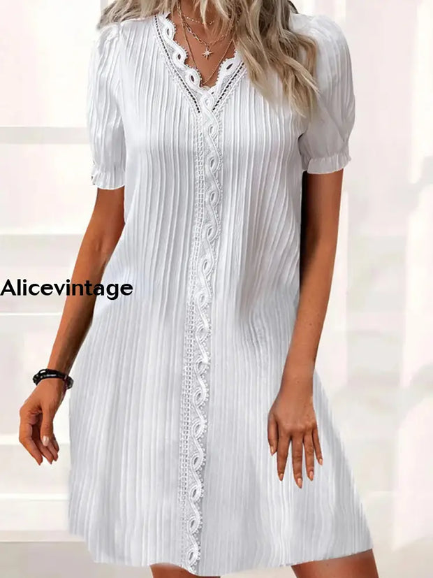 Women’s Vintage V Neck Lace Elegant Loose Mini Dress White / S