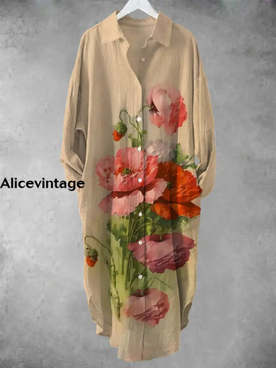 Women’s Vintage V-Neck Poppy Art Pattern Midi Shirt Dress