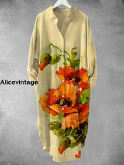 Women’s Vintage V-Neck Poppy Art Pattern Midi Shirt Dress