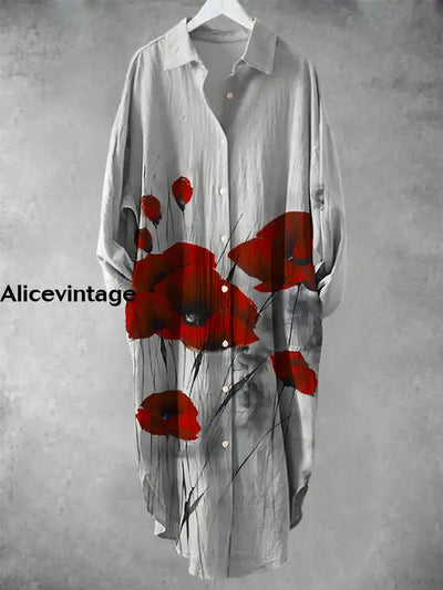 Women’s Vintage V-Neck Poppy Art Pattern Midi Shirt Dress