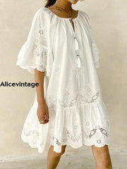 Women’s Vintage White Lace Pullover Mini Dress / S