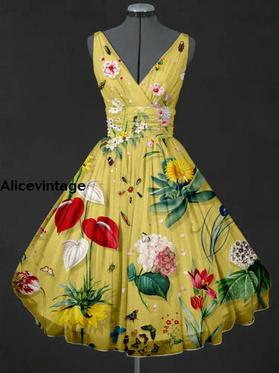 Yellow Floral Art Print V-Neck 50’S Vintage Fashion Sleeveless Midi Dress A / S