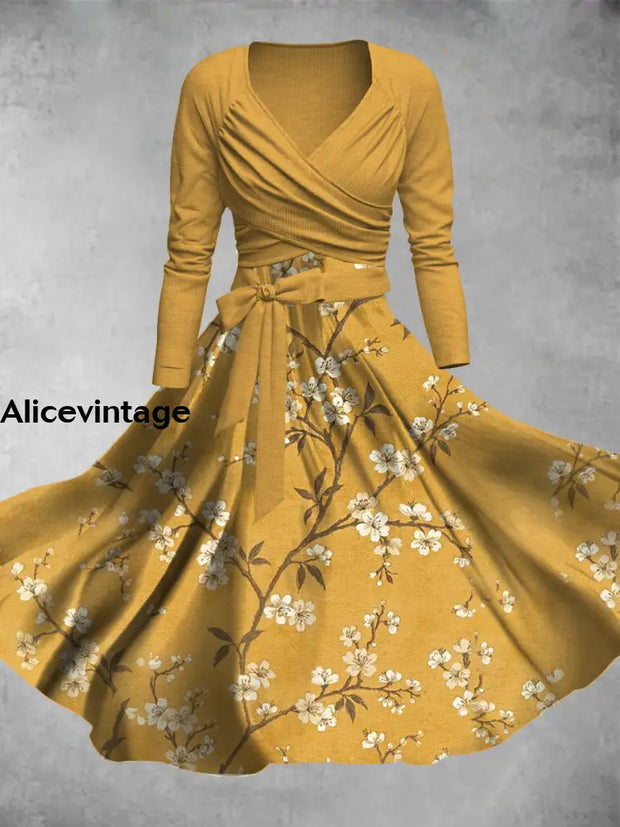 Yellow Floral Art Print Vintage V-Neck Long Sleeve Two-Piece Midi Dress A / S