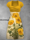 Yellow Flower Print V-Neck Short Sleeve Retro Midi Dress A / S