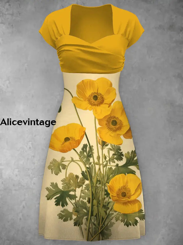 Yellow Flower Print V-Neck Short Sleeve Retro Midi Dress A / S