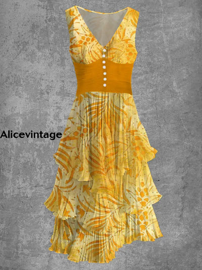 Yellow Leaf Print Sleeveless V-Neck Button Up Retro Midi Dress A / S