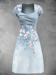 Vintage Floral Art Print Short Sleeve Midi Dress