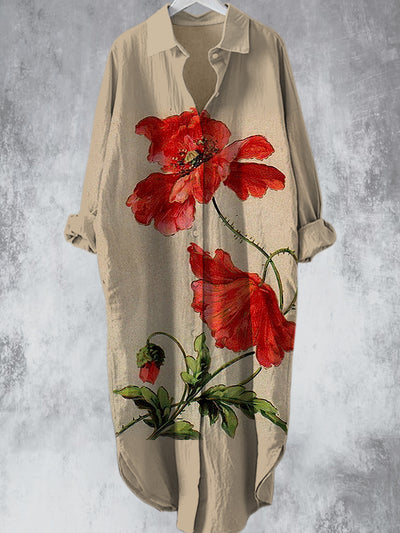 Elegant Vintage Flowers Printed V-Neck Lapel Button Loose Midi Shirt Dress