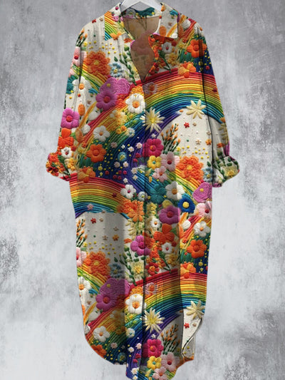 Robe chemise mi-longue ample à motif de fleurs arc-en-ciel imprimée, col en V, bouton à revers