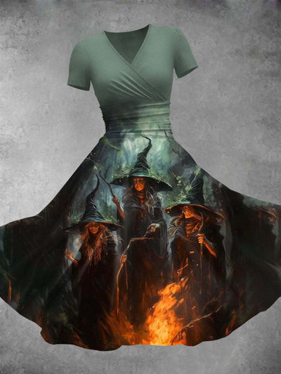 Bonfire Witch Pattern Printed V-Neck Short Sleeve Fashion Midi Dress