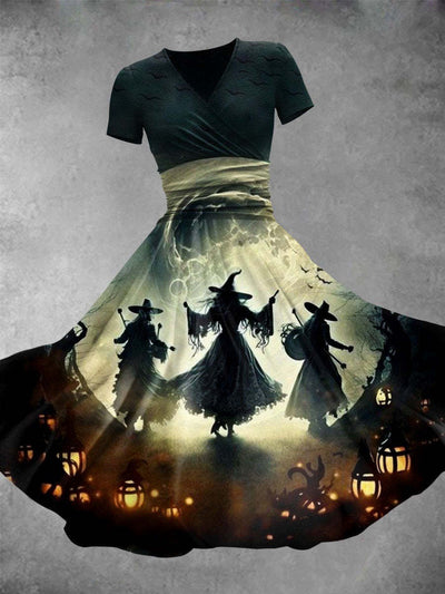 Witch's Night Art Printed V-Neck Short Sleeve Fashion Midi Dress